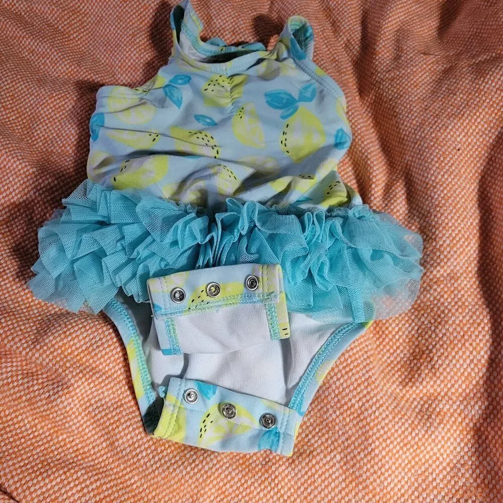 Cat & Jack One Peice Baithing Blue And Lemons Tutu Bottom Snaps Size 6-9M